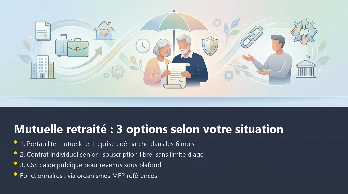Schéma comparatif des trois options de mutuelle santé pour un retraité : portabilité, contrat senior et CSS