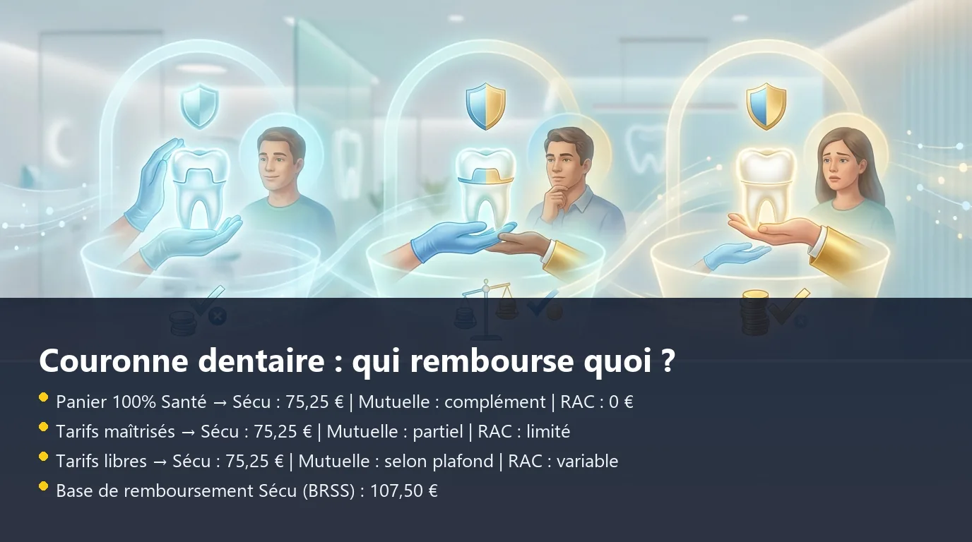 Infographie comparant les trois paniers de remboursement d'une couronne dentaire en France