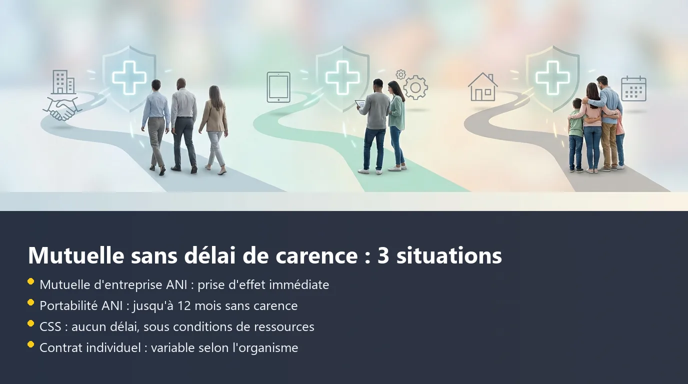 Infographie présentant les trois situations donnant accès à une mutuelle sans délai de carence