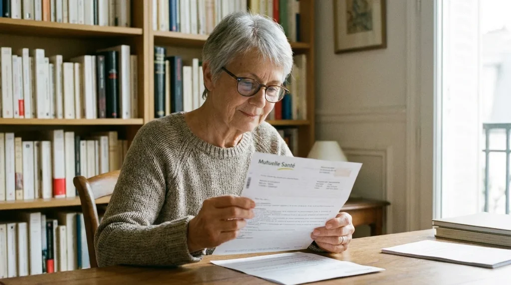 Personne senior examinant un courrier de sa mutuelle à son bureau, expression concentrée