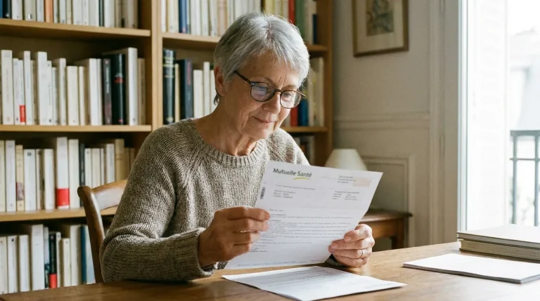 Personne senior examinant un courrier de sa mutuelle à son bureau, expression concentrée
