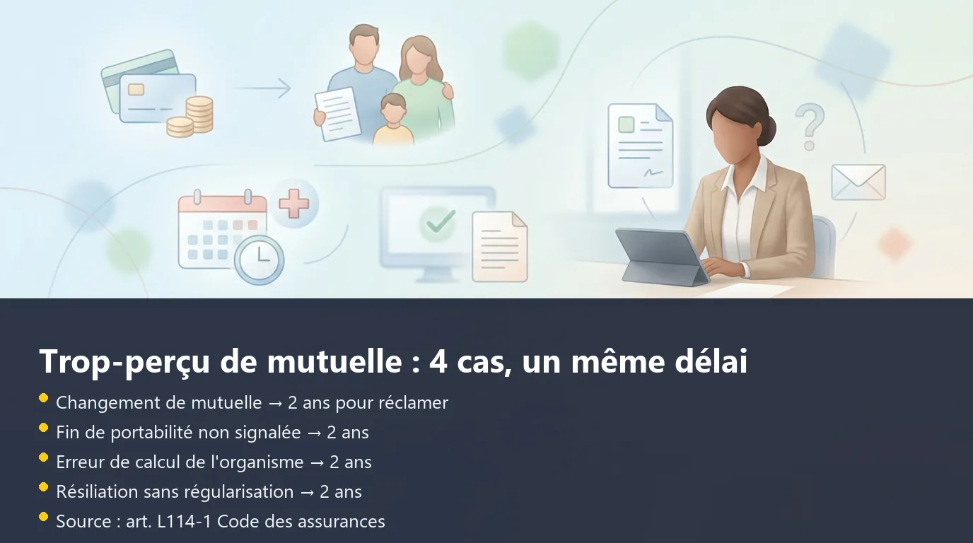 Infographie des 4 situations générant un trop-perçu de mutuelle avec le délai de prescription de 2 ans