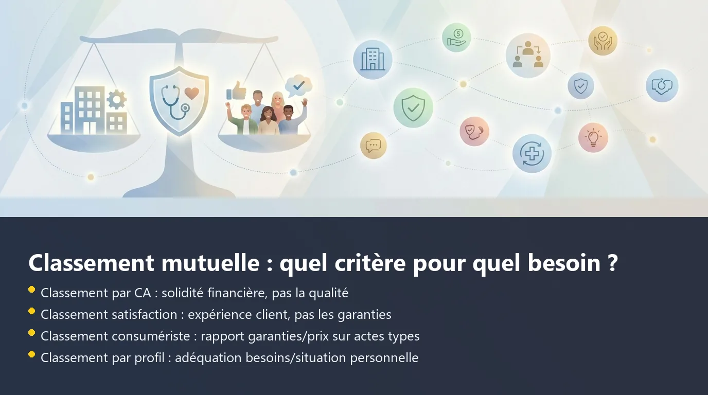 Comparaison des approches de classement des mutuelles selon le critère principal : chiffre d'affaires, satisfaction, consumériste ou profil