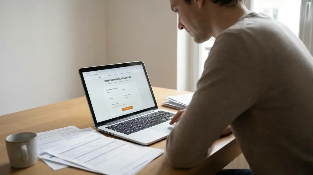 Personne consultant un comparateur de mutuelles sur un ordinateur portable, documents santé posés sur la table